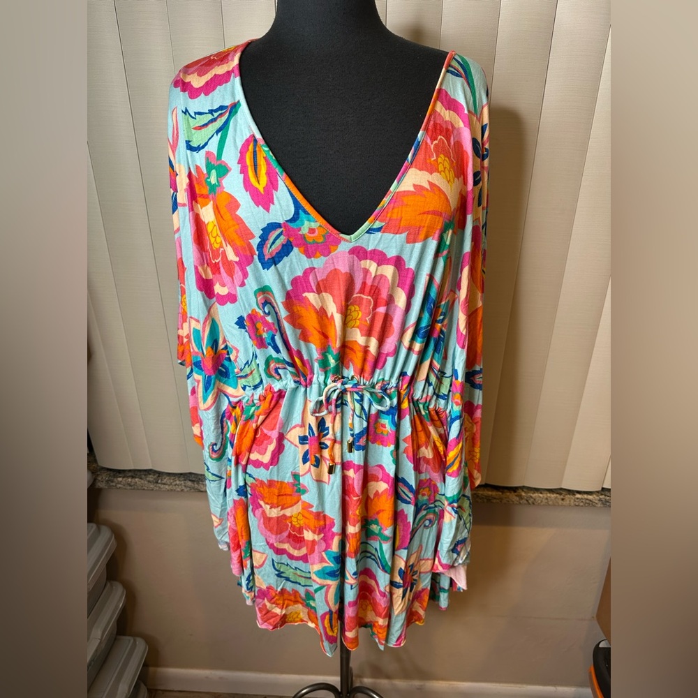 La Blanca Vibrant Floral V-Neck Kaftan Cover Up Dress Vacation One Size